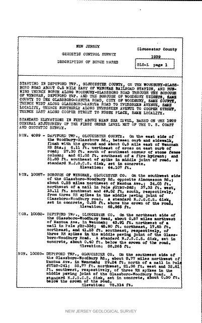 Bulletin 51, New Jersey Geodetic Control Survey Bench Marks in ...