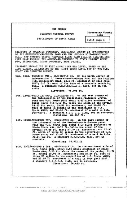 Bulletin 51, New Jersey Geodetic Control Survey Bench Marks in ...