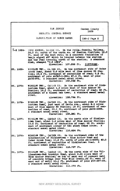 Bulletin 51, New Jersey Geodetic Control Survey Bench Marks in ...