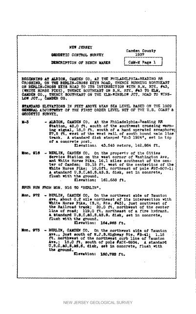 Bulletin 51, New Jersey Geodetic Control Survey Bench Marks in ...