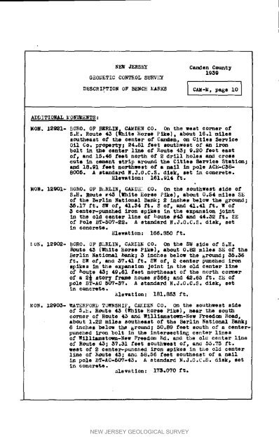 Bulletin 51, New Jersey Geodetic Control Survey Bench Marks in ...