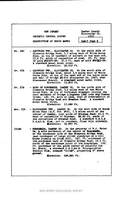 Bulletin 51, New Jersey Geodetic Control Survey Bench Marks in ...