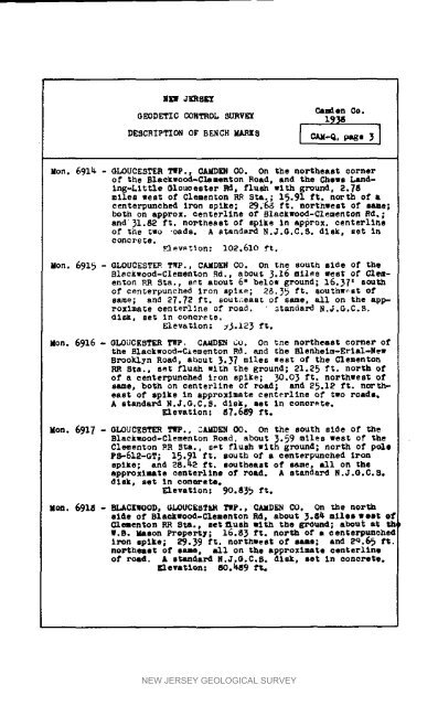 Bulletin 51, New Jersey Geodetic Control Survey Bench Marks in ...