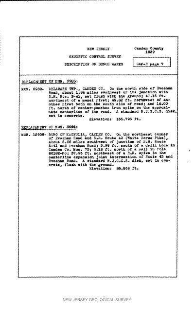 Bulletin 51, New Jersey Geodetic Control Survey Bench Marks in ...