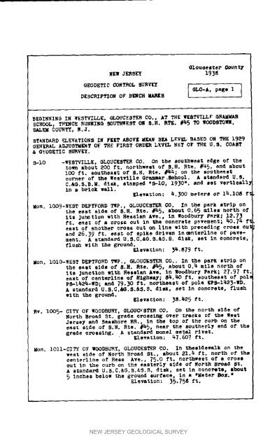 Bulletin 51, New Jersey Geodetic Control Survey Bench Marks in ...