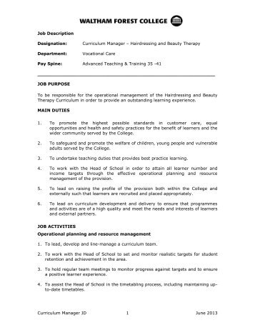 Curriculum Manager JD 1 June 2013 Job Description ... - FEjobs.com