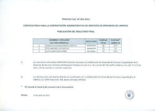 PROCESO CAS NÂº 002-2012 CONVOCATORIA PARA LA ...