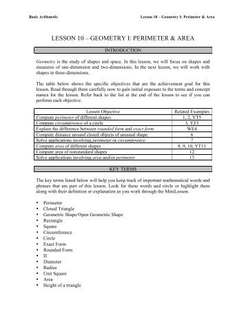 LESSON 10 – GEOMETRY I: PERIMETER & AREA