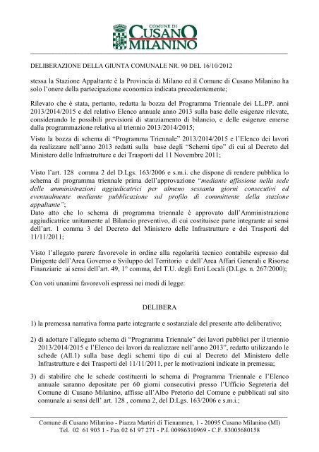 delibera di Giunta n.90 del 16/10/2012 - Comune di Cusano Milanino