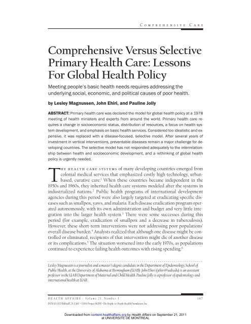 At the Intersection of Health, Health Care and Policy doi: 10.1377 ...