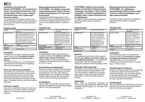 Monteringsanvisning till dimmer ATTD1000RL. FÃ¶r glÃ¶dljus, konventio