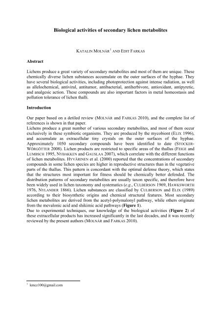 Biological activities of secondary lichen metabolites