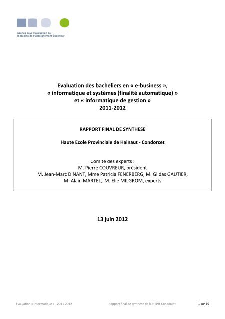 Evaluation des cursus Â« Bachelier en marketing Â» - Agence pour l ...