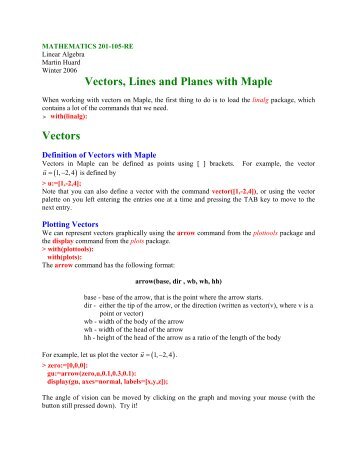 Vector, Lines and Planes with Maple - SLC Home Page