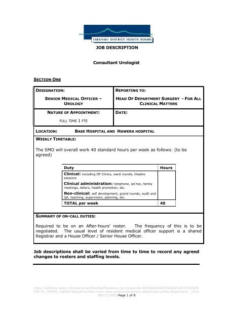 JOB DESCRIPTION Consultant Urologist The SMO will overall work ...