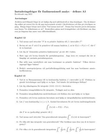 InstuderingsfrÃ¥gor fÃ¶r Endimensionell analys â delkurs A3