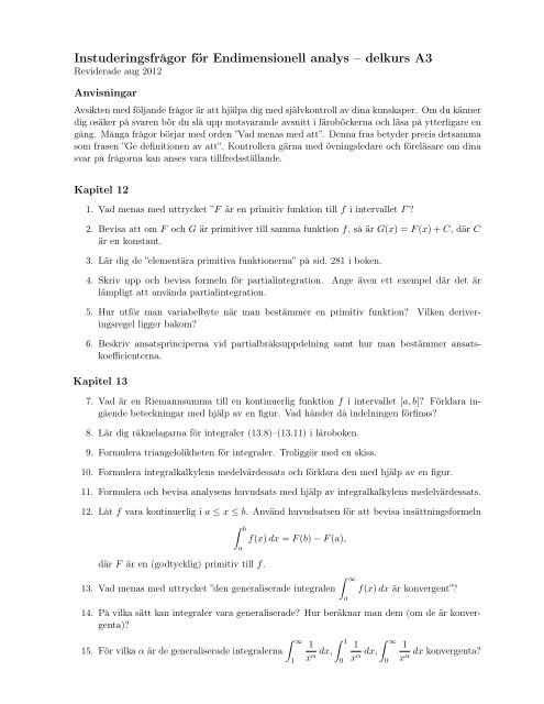 InstuderingsfrÃ¥gor fÃ¶r Endimensionell analys â delkurs A3