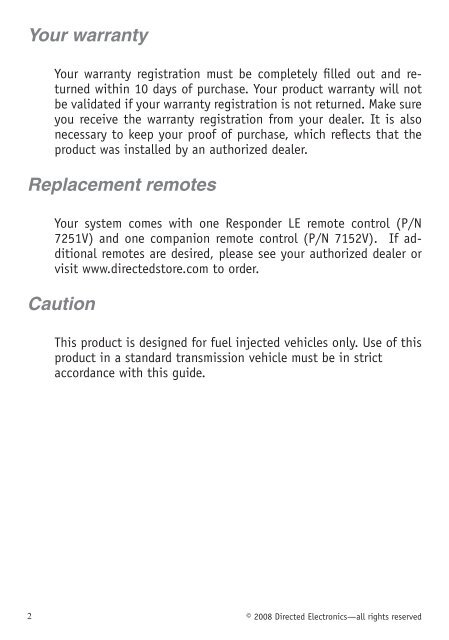 Responder LE Model 5701 Security and Remote Start Owner's Guide