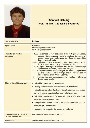 Kierownik Katedry Prof. dr hab. Izabella Zmyslowska - Uniwersytet ...