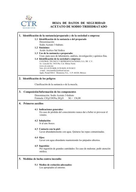 Acetato de Sodio Trihidratado MSDS - CTR Scientific