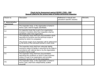 Check list for Assessment against ISO/IEC 17020 - 1998 General ...