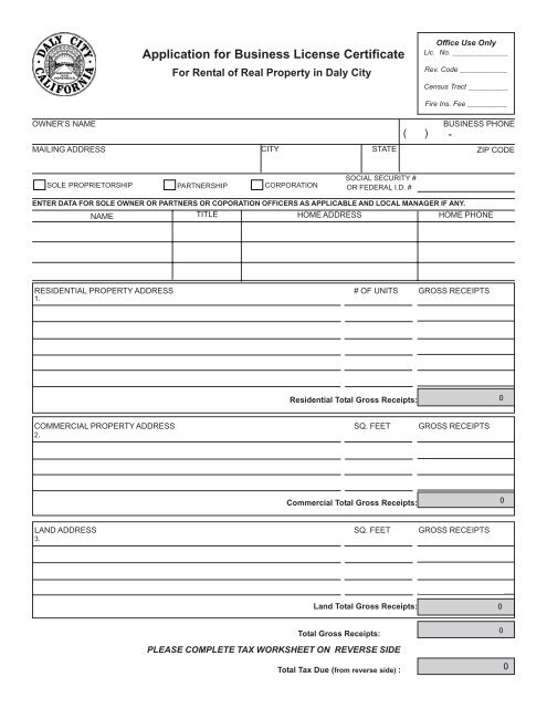 Application for Business License Certificate - City of Daly City
