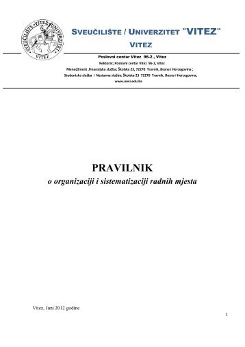 Pravilnik o organizaciji i sistematizaciji radnih mjesta - "VITEZ" Travnik