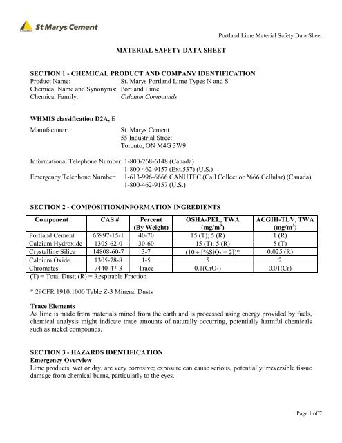 Portland Lime MSDS - St Marys Cement