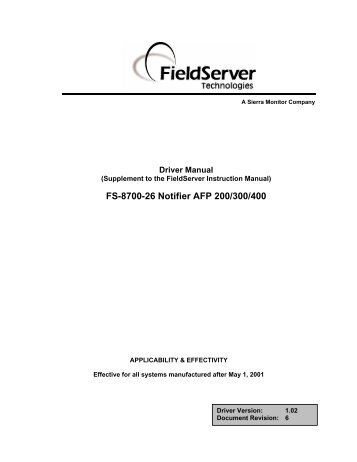 FS-8700-26 Notifier AFP 200/300/400 - FieldServer Technologies