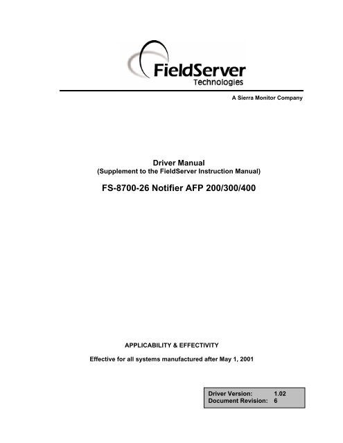FS-8700-26 Notifier AFP 200/300/400 - FieldServer Technologies
