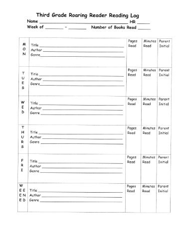 Third Grade Roaring Reader Reading Log