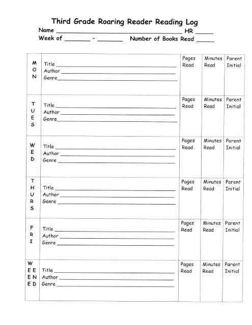 Third Grade Roaring Reader Reading Log