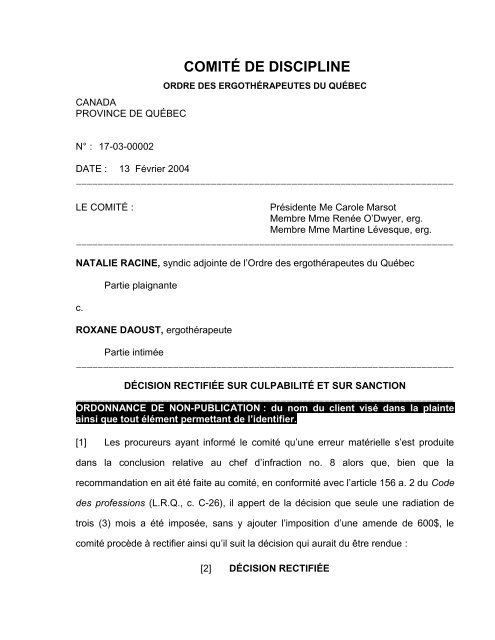 COMITÃ DE DISCIPLINE - Ordre des ergothÃ©rapeutes du QuÃ©bec