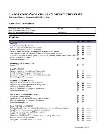 Laboratory and Workspace Clearance Checklist - Environmental ...