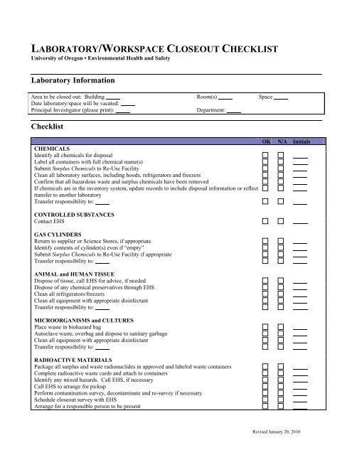 Laboratory and Workspace Clearance Checklist - Environmental ...