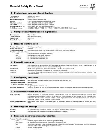 Hydrowax® 85 Emulsion MSDS.pdf - Sasolwax US