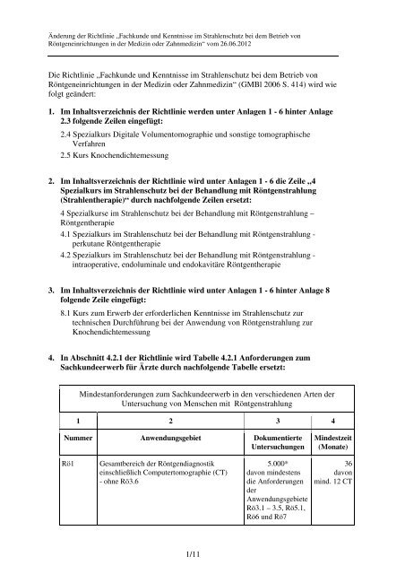 1/11 Die Richtlinie „Fachkunde und Kenntnisse im Strahlenschutz ...