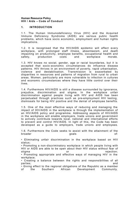 Human Resource Policy HIV / Aids â Code of Conduct 1 ... - Inseta