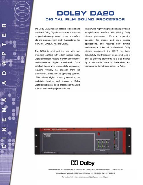 Dolby processeur CINEMA DIGITAL FILM DA20 DIGITAL FILM SOUND