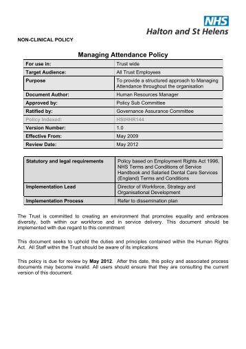 Managing Attendance Policy - Halton and St Helens PCT