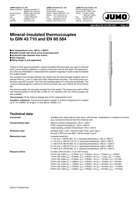 Mineral-insulated thermocouples to DIN 43 710 and EN 60 584 - Jumo