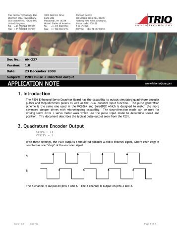 1. Introduction 2. Quadrature Encoder Output - Trio Motion Technology