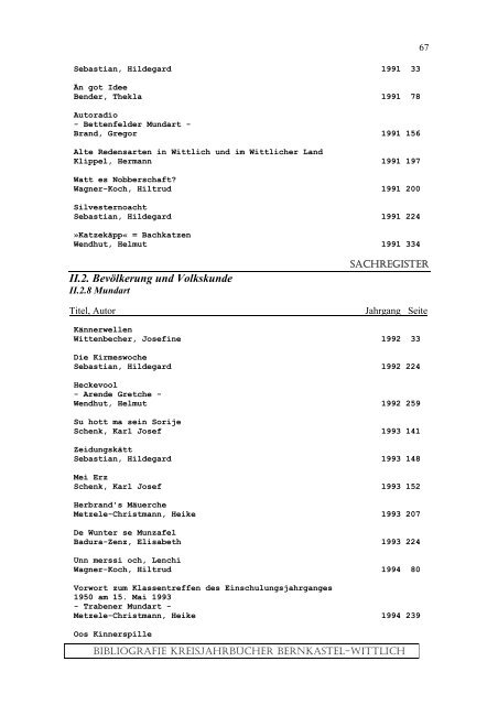 Sachregister - Landkreis Bernkastel-Wittlich