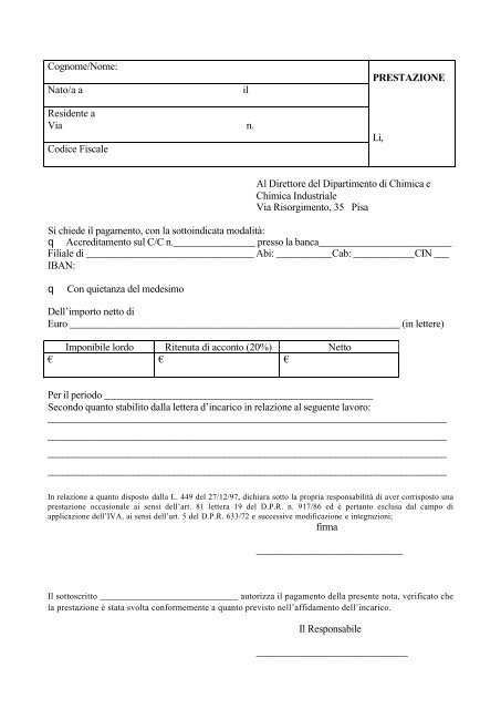 Modulo nota prestazione occasionale - Dipartimento di Chimica e ...