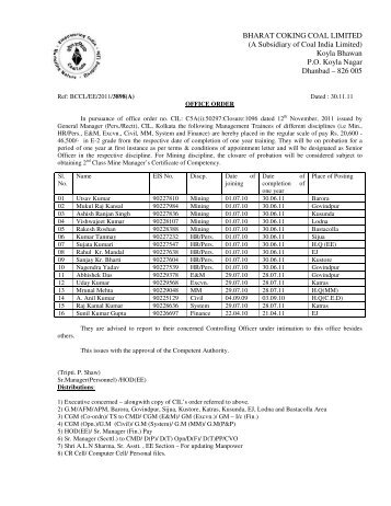 BCCL/EE/2011/137(A) to 4915(A) - Bharat Coking Coal Limited