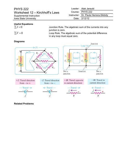 PHYS 222 Worksheet 12 – Kirchhoff's Laws - Iowa State University