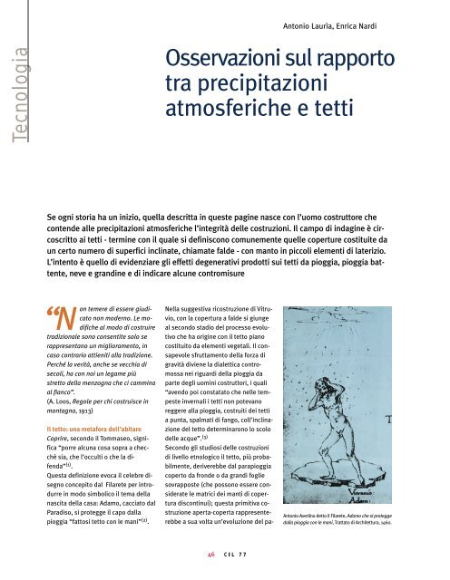 Osservazioni sul rapporto tra precipitazioni atmosferiche e tetti