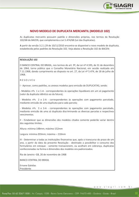 NOVO MODELO DE DUPLICATA MERCANTIL (MODELO 102) - Siagri
