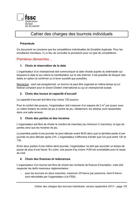 Cahier des charges des tournois individuels - FÃ©dÃ©ration Suisse de ...