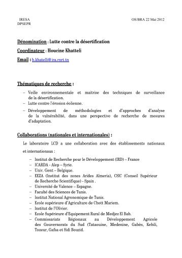 DÃ©nomination : Lutte contre la dÃ©sertification Coordinateur ... - Iresa